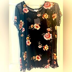 Love fire flower print mesh style shirt with camisole